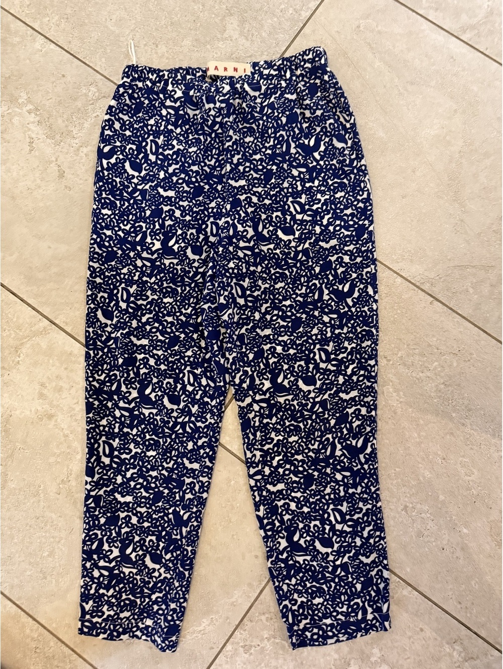 NWOT MARNI 100% Silk printed cropped blue/white abstract floral pants 38 US S
